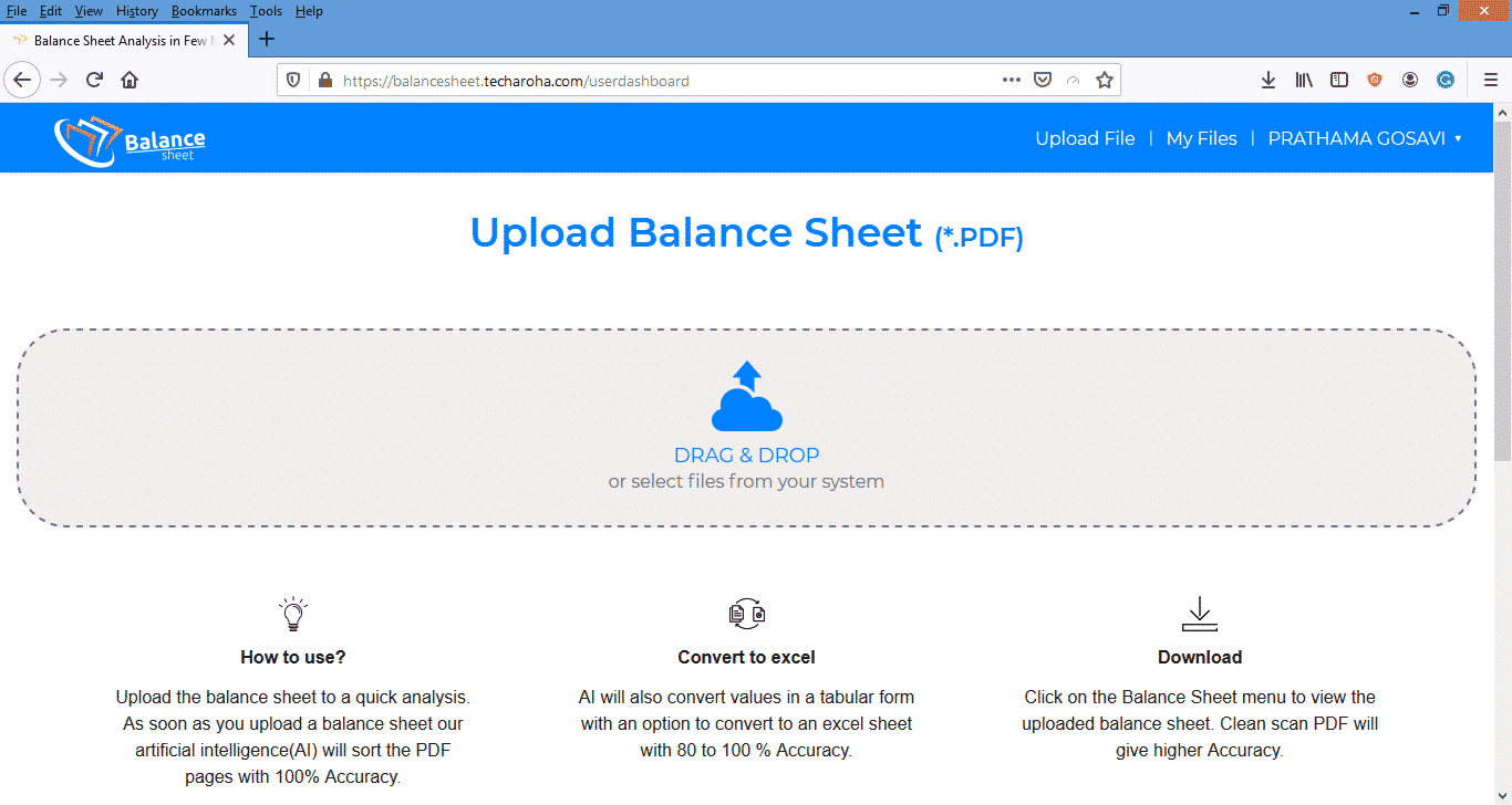 Scan Image PDF upload screen of balance sheet analysis tool